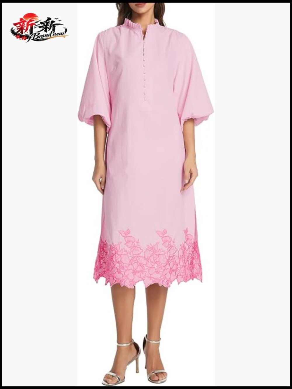 Women's Midi Summer Dress, 3/4 Sleeve V Neck Button Up Embroidered Cotton Flowy